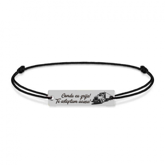 Bratara argint tablita 30 mm si snur negru - personalizata cu text